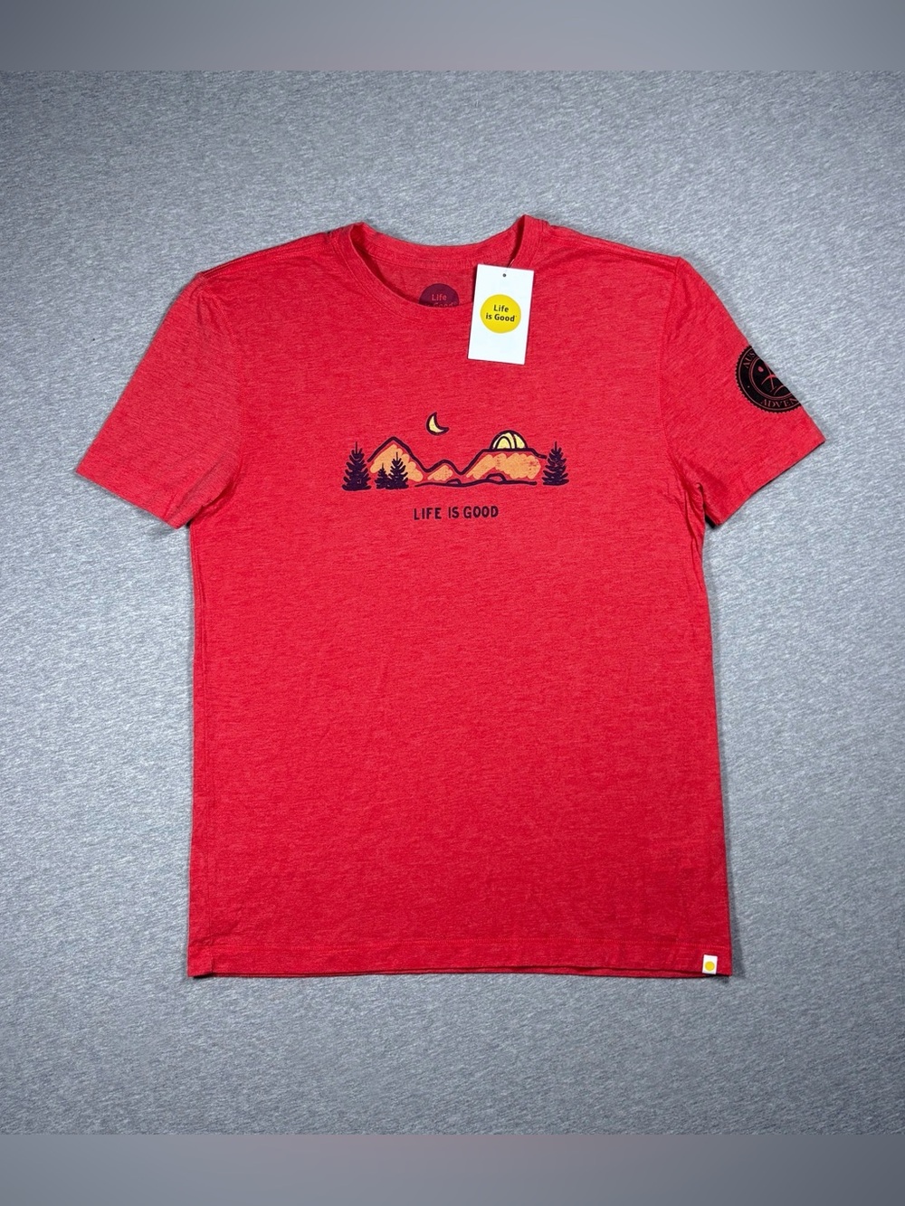 Life Is Good Mens T-Shirt Size Small Red Camping Outdoor Tent Mountains NWT